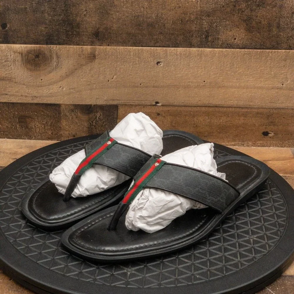 GUCCI SUPREME MENS FLIP FLOPS BLACK LEATHER THONG SANDALS SZ 10.5G US 11 202762
